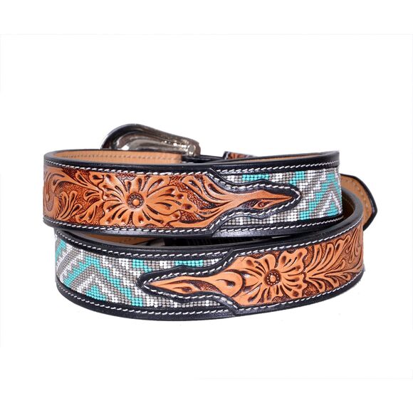 6457 Western Tooled Leather Beaded Belt For Men And Women 30is107-40 - Picture 2 of 6